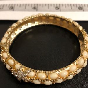 Gold bangle white enamel beading & 2 CZ stars